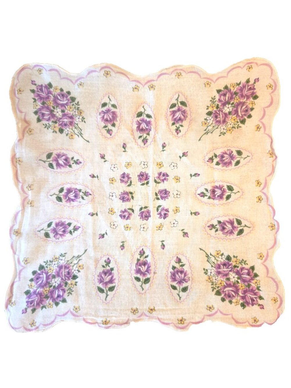 Vintage 11.5" Hankie Purple Roses Ladies Handkerchief Scalloped Edge